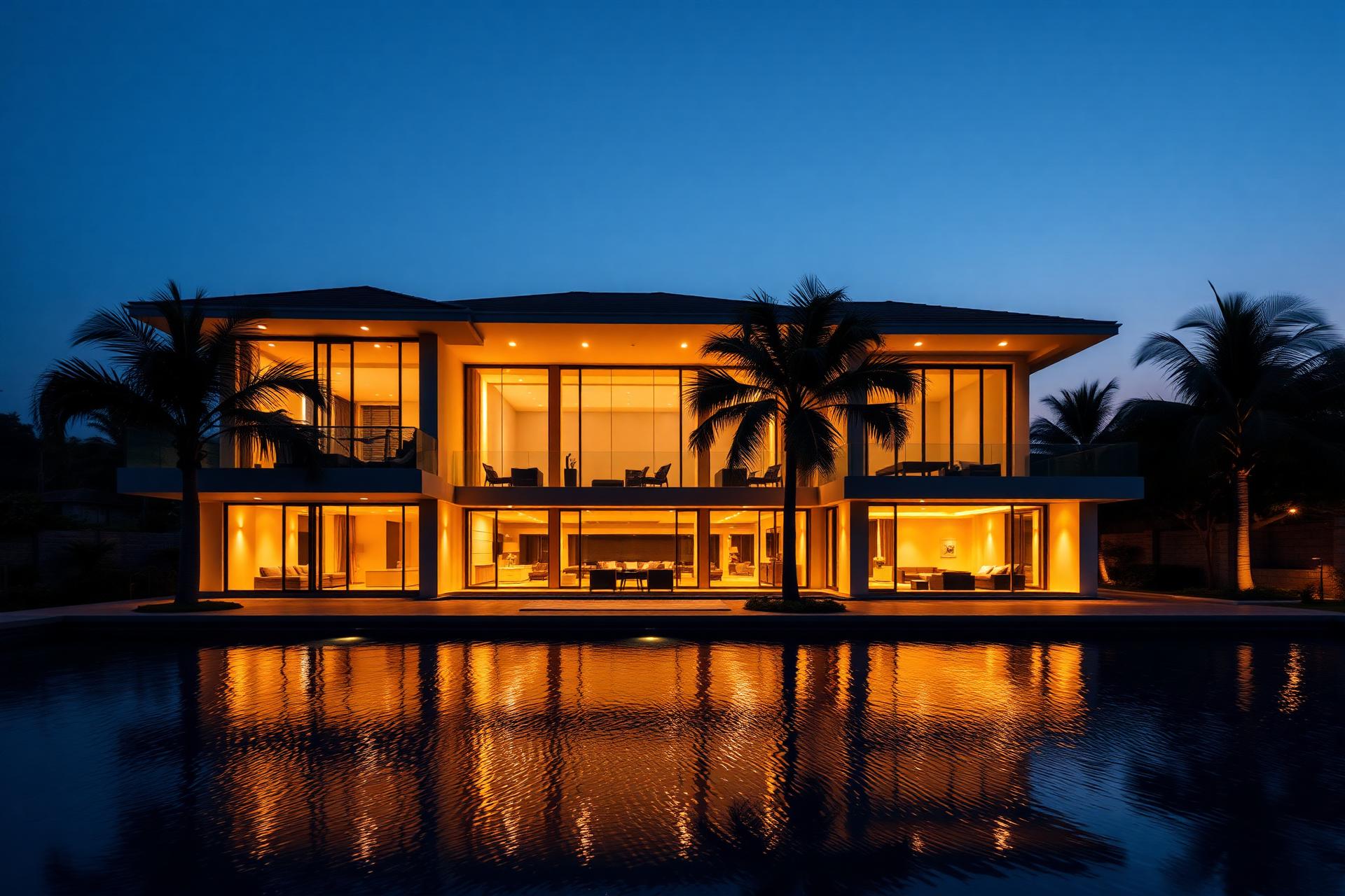 Luxury villa at twilight with infinity pool and warm interior lighting